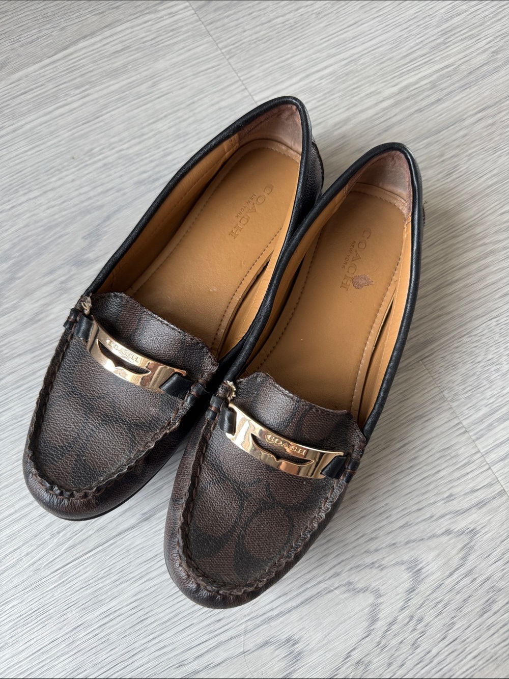 Coach Brown Signature Leather Penny Loafers with Gold Accent